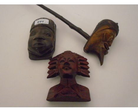 CARVED WOODEN PIPE AND 2 OTHER PIECES
