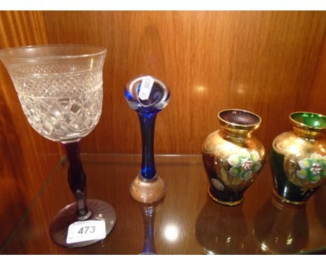 4 PIECES OF GLASS TO INCLUDE PAIR OF MURANO VASES, WEBB CUT GLASS WINE GLASS AND A BUD VASE