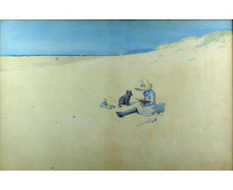Nelson Dawson, beach scene with child and dog, signed and dated 87,  45cm x 70cm .   Overall condition good, no major faults 