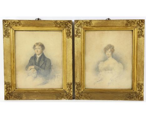 William Moore, Snr (British, 1790-1851), portrait of a woman and another of a man seated, watercolour on pencil, each signed 