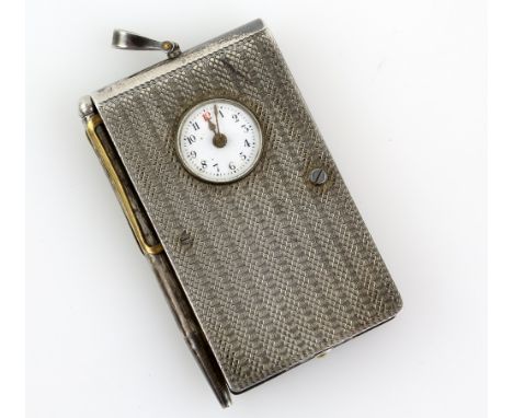 Early 20th century Swiss silver combination compact/travel-clock/photograph-frame, including a pen, with 875 Bear standard ma