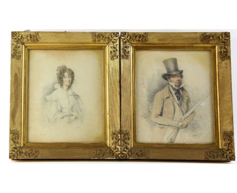 William Moore, Snr (British, 1790-1851), portrait of a woman and another of a man holding a gun, watercolour on pencil, each 
