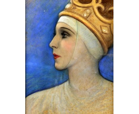 In the Manner of Fernand Khnopff, portrait of a Queen, unsigned, watercolour, 32cm x 25cm .   
