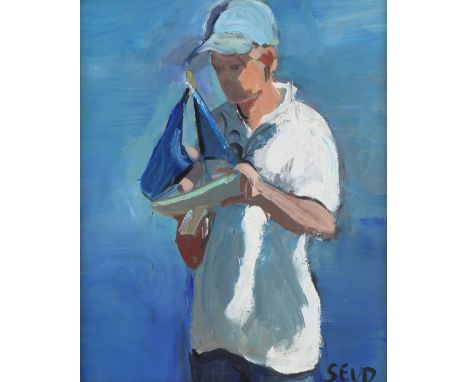 § Sherree Valentine Daines (British, b.1959), young boy with a model sailing boat, signed, mixed media, 29cm x 23cm, ARTISTS 