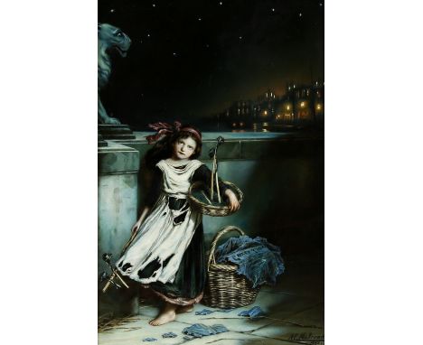 Augustus Edwin Mulready (British, 1844-c.1903). 'The little bread winner, in the Moon-light Glitter', oil on board, signed an