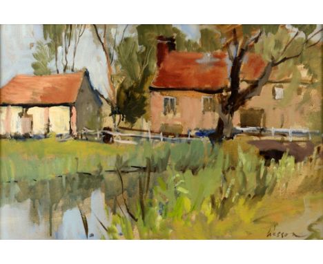 § Edward Wesson (British, 1910-1983), farm buildings, signed oil on board, 31cm x 47cm,ARTISTS RESALE RIGHT MAYBE ADDITIONALL
