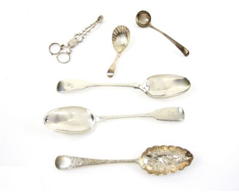 William IV pair of silver table spoons, with initialled terminals, by EA, London 1831, together with a silver berry spoon, sm