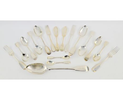 William IV and mostly Victorian Scottish silver fiddle pattern cutlery, comprising, gravy spoon, nine tablespoons, twenty-one