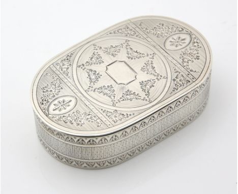 George III silver table snuff box, the oval cover and base chased with floral swags either side of a star-badge cartouche, th