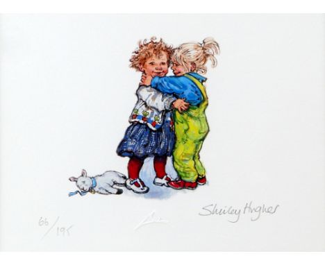 Three Shirley Hughes, signed limited edition prints, comprising 'Girl Friends', 14cm x 19cm, 66/195, 'Kicking Leaves', 14cm x