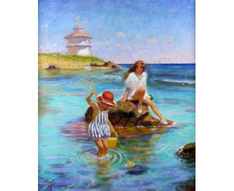 § Rene Legrand (French, 1923-1996),  two girls shrimping, monogrammed, oil on board, 59cm x 49cm,ARTISTS RESALE RIGHT MAYBE A