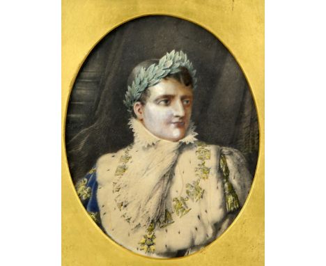After Jean Baptiste Isabey. Portrait of Napoleon in Coronation robes. Lithograph with hand colouring. Signed and dated in the