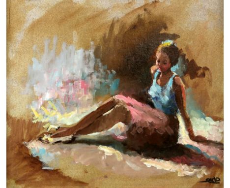 § Sherree Valentine Daines (British, b.1959). Girl seated, signed, mixed media on board,  25.5cm x 29.5cm. ARTISTS RESALE RIG