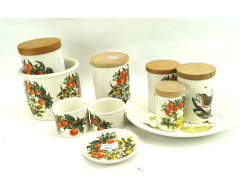 A collection of 20th century Portmeirion ceramics. Including storage jars, bowls and plates, mostly in the 'Oranges and Lemon
