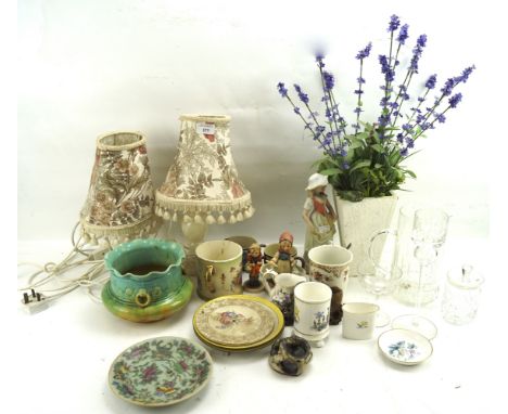 A pair of table lamps and an assortment of ceramics and glass. The lamps on alabaster bases with floral shades, the ceramics 