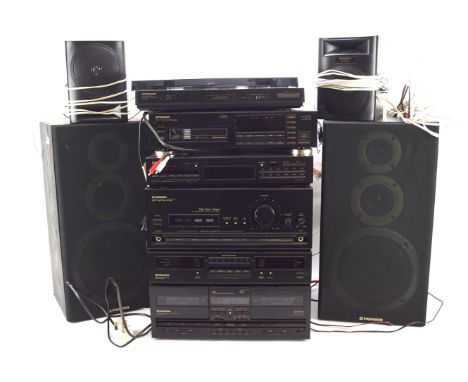 A Pioneer hi-fi system. Including a pair of speakers, turntable, tuner, amplifier, stereo, etc