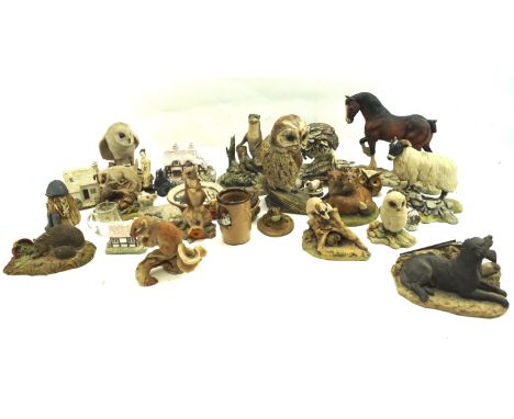 A large assortment of resin and ceramic animals. By Border Fine Arts, Avonvale, etc. Largest circa H18cm