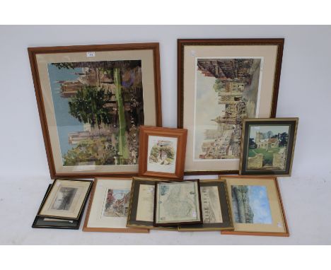 A collection of prints and pictures and a tapestry, some of local interest. Including one of Glastonbury Tor, signed Hughes, 