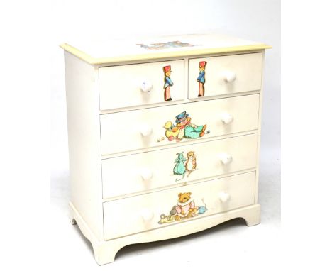 A child's chest of drawers. Two short over three long drawers, painted white with scenes of cats, figures and bears, raised o