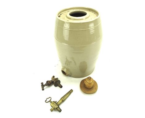 A cast ceramic storage urn. Glazed in grey, together with additional taps, H45cm (including wooden stopper)
