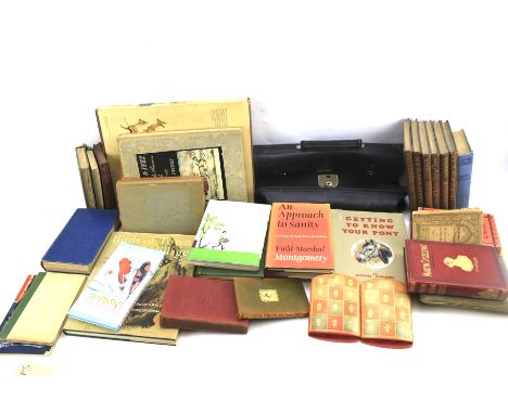 A quantity of vintage and modern books and a faux leather briefcase. The briefcase labelled 'ER' with crown, the books relati