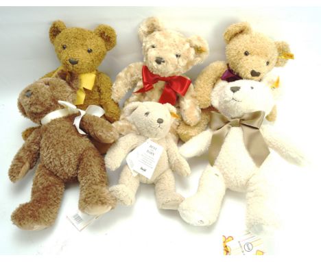 Six contemporary Steiff teddy bears. Including 2021, 2019 and 2018 examples, all with the original tags and ear buttons