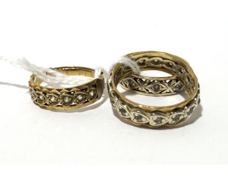 Three 9ct gold rings. Each with pierced details and inset with stones, sizes R, O & K/L, 9.5g gross