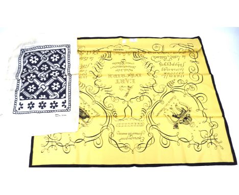 Two silk scarves, one by Hermes, the other Da Silva. The Hermes example featuring black text on a gold ground Condition Repor