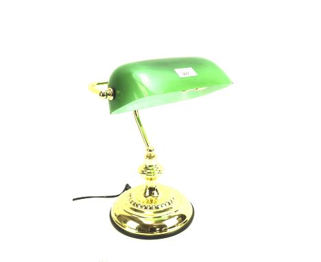 A modern bankers lamp with green shade on brass effect stand. Circa H35cm