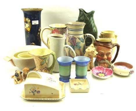 An assortment of ceramics. Including a Poole ash tray, Arthur and Wood jug, character jug, etc