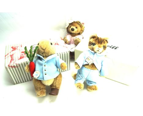 Three Beatrix Potter Steiff bears. Comprising Peter Rabbit, Mrs Tiggy-Winkle and Tom Kitten, two in the original boxes, all w