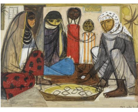 Lorna Selim (Iraq, 1928-2021)The Lemon Sellers oil on board, framedsigned 'Lorna Selim' and dated '1956' in Arabic (lower rig