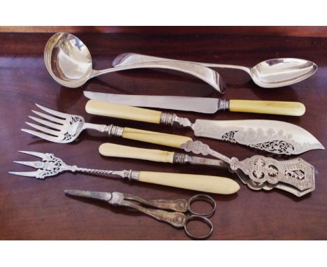 A set of Victorina fish servers, pierced blades;  an EPNS Old English pattern ladle;  serving sppon;  grape shears;  toasting