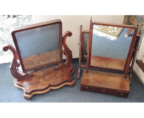 A Victorian mahogany dressing glass, rounded rectangular mirror plate flanked by scroll supports carved with lotus scrolls, s