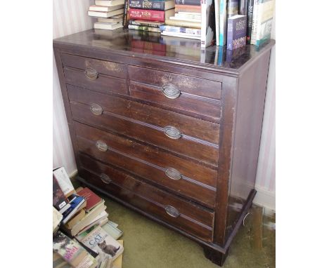 A late Victorian chest chest of two short and three long graduated drawers, oval brass handles, bracket feet, 105cm high, 103