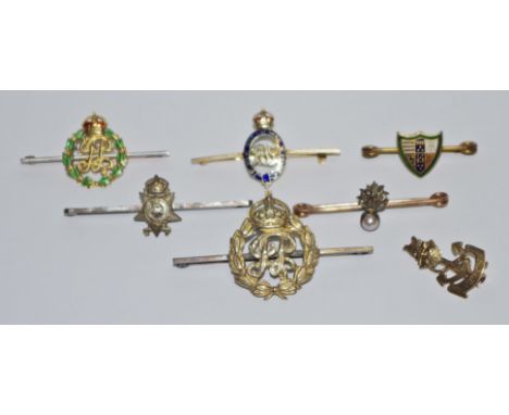 A diamond and seed pearl sweetheart brooch, for the Grenadier Guards;  a 9ct gold military sweetheart brooch;  a 9ct gold bro