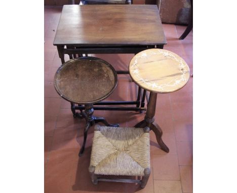A nest of mahogany rectangular tables;  two side tables and a stool**Please note all lots must be collected from Sudbury, Der