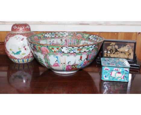 A 20th century Cantonese bowl, decorated in the typical palette with alternating panels of peonies and figures, 25.5cm diam, 