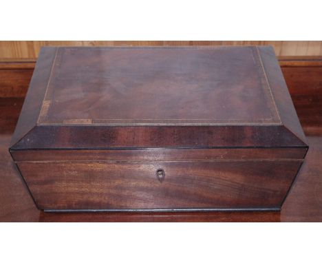 A 19th century mahogany sarcophagus shaped work box, satinwood strung,  rosewood crossbanded, ring loop handles, 30cm wide, 1