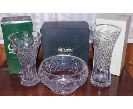A Galway Irish Crystal Millennium bowl, 24cm diam, boxed;  Galway Irish Crystal vase, boxed;  another;  a crystal lamp**Pleas
