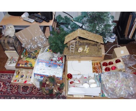 Christmas Decorations -  mid 20th century  bird and bauble tree decorations;  nativity set;  tinsel; foliage;  etc**Please no