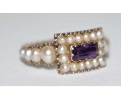 A George III memorial ring, set with a rectangular cushion cut amethyst within seed pearls, the shank unusually also set with