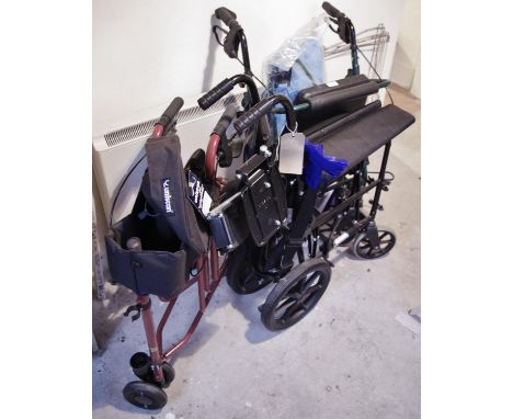 Mobility Aids - a folding light weight wheel chair;  a tri wheel walker;  a rollator (3)**Please note all lots must be collec