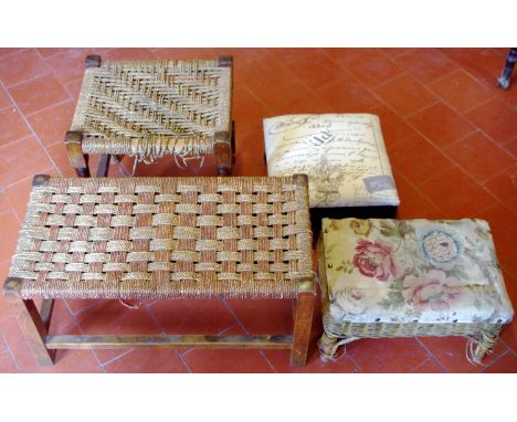 An early 20th century long stool, rush top;  another;  etc (4)**Please note all lots must be collected from Sudbury, Derbyshi