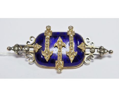 A Victorian diamond set enamelled bar brooch, the central rectangular cushioned shaped blue  gichee enamel panel  applied wit