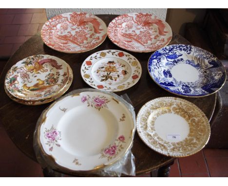 A set of three Royal Crown Derby Pinxton Rose dinner plates, scroll borders, printed marks;   others, Old Avesbury, Mikado, R