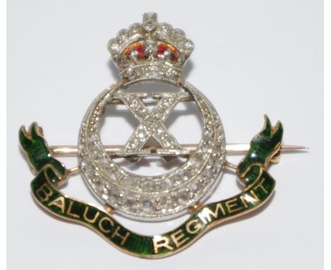 A diamond set and enamel sweetheart brooch, for the 10th Baluch regiments, the crown, X and crest set with brilliant cut ston