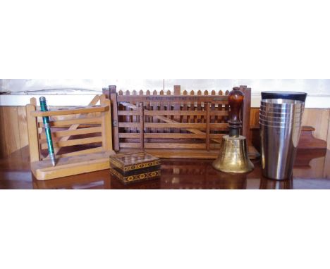 A large early 20th century letter rack, as a country gate and fence,  canted base, 40dm wide; a similar desk tidy, enclosing 