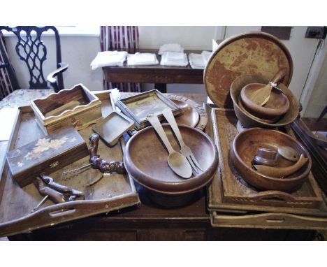 Treen - trays, bowls, corkscrews, etc**Please note all lots must be collected from Sudbury, Derbyshire on the 30/31/3 OR 1/4,
