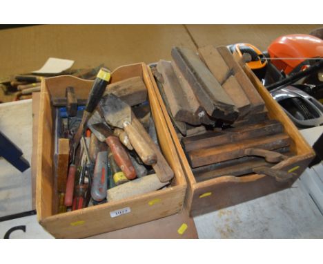 A box of moulding planes; together with a box of various hand tools 